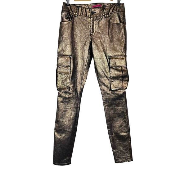 Alice + Olivia Gold Black Jeans 4 Metallic Skinny Cargo Pants y2k Stretch Low Ri - Picture 5 of 16